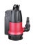 Red plastic drainage pump pumping water, with automatic built-in shut-off float, isolated white background. Flooded