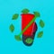 Red plastic drinking cup with no symbol banned sign from hand drawn green leaves circle on blue backdrop. Environmental protection