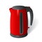 Red plastic electric kettle on a round base with a handle on a white background