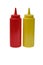 Red plastic ketchup and yellow mustard plastic bottle on white background.