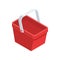 Red plastic shopping cart with handle for purchase carrying minimalist 3d icon isometric vector