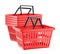 Red plastic supermarket baskets with two handles isolated on white background