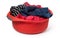 red plastic wash bowl with clothing