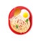 Red Plate with Chicken Drumstick, Pasta and Fried Egg, School Lunch Vector Illustration