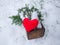 Red plush heart and fir tree branches in wooden box in winter garden.