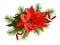 Red poinsettia flower and twigs of Christmas tree with satin rib