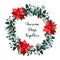 Red poinsettia flowers, christmas greenery, emerald eucalyptus,