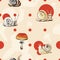 Red polka dot on champagne color background with snails and mushroom seamless pattern.