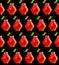 Red polygonal pears seamless pattern on a black background. Trendy 8bit flat style