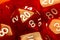 Red polyhedral RPG game dice set, d20 dice macro, extreme closeup. Role playing board games, tabletop fantasy games conceptual