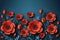 Red poppies on blue background. Remembrance Day, Armistice Day, Anzac day symbol. Paper cut art style