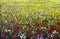 Red poppies flower field oil painting, yellow, purple and white flowers artwork