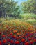 Red poppies painting. Field of red beautiful flowers in warm summer forest wood. Oil painting palette knife impasto modern impress