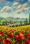 Red poppies painting. Italian Lavender summer countryside. French Tuscany. Field of yellow rye. Rural houses and high cypress tree