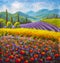 Red poppies painting. Italian summer countryside. French Tuscany. Field of yellow rye. Rural houses and high cypress trees on hill