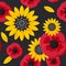 Red poppies and yellow sunflowers. Seamless pattern with black background and spring flowers, symbols of Ukraine.