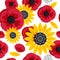 Red poppies and yellow sunflowers. Seamless pattern with white background and spring flowers, symbols of Ukraine