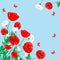 Red poppy and white chamomile illustration. Vector flower with butterfly on blue.