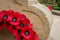 Red poppy wreaths laid at the bottom of a war memorial for Remembrance day