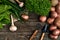 Red potatoes on burlap, garlic with greenery and a garden spade and rake on a wooden brown background