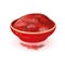 Red powdered paprika is in ceramic bowl. Spice, condiment, additive from dried bell pepper.