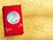 Red premium Chinese gift box for Chinese New Year, Anniversary, Mid-Autumn Festival, Valentine`s Day, Birthday. On sparkling Gold