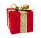 Red present box with golden bow isolated. Luxury christmas gift