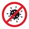 Red prohibit corona virus sign with black glyph icon vector