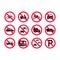 Red prohibition vehicles signs. No motor vehicles, no bicycles, no automobiles. Trucks, busses, camper vans, scooters, motorcyc