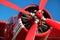 Red propeller-driven aircraft
