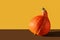 Red pumpkin on brown yellow background. Horizontal minimalistic banner, poster with copy space. Halloween, Thanksgiving Day or