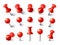 Red pushpin top view. Thumbtack for note attach collection. Realistic 3d push pins pinned in different angles vector set