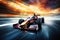 A red race car drives at high speed through a dark tunnel, creating a thrilling and intense visual experience, Formula one racing