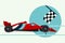 A red racing car wins a Formula 1 race. Side view of a fast car with stripes. Checkered flag and finish line. Vector.