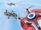 Red racing drones chasing in the sky
