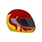 Red racing helmet with flame decal and black visor. Protective headgear for motorcyclist. lat vector icon