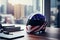 Red racing helmet with USA flag for motorbike scooters, sports and touring car driver in modern white office.