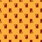 Red Radioactive waste in barrel icon isolated seamless pattern on brown background. Toxic refuse keg. Radioactive