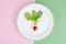 Red radish on plate. Vegetarian food concept, layout, menu.