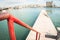 Red railing at the pier