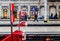 Red railway buffers in Paddington Railway Station, London, UK