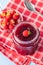 Red rasberries jam in jar and ripe raspberries