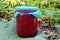 Red raspberry jam in a glass jar in green vegetation and grass