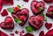red raw food vegan dried raspberries dessert concept heart top healthy rose mint cakes delicious shaped view love flowers