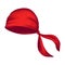 Red realistic bandana on head. Youth fashion. Cowboy garment element template. Headband for bikers sport wind protection