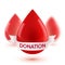 Red realistic blood drops with white ribbon and donation sign