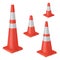 Red realistic road plastic white striped shiny cone. equipment to ensure safe movement during road repair or road