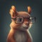 A red realistic squirrel with glasses on a dark background. Illustration of the generated AI for design, printing or layout