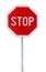 Red realistic stop road sign on rod isolated on white