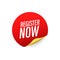 Red register now sticker on white background. Vector stock illustration